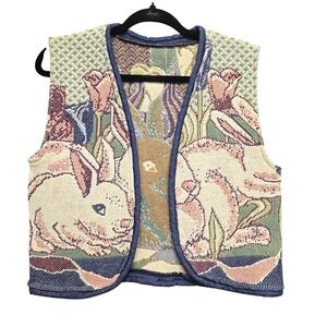 Vintage Handmade Tapestry Vest M Bunny Rabbit Tulip Woven Open Front